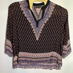 Lola P Women's Large Long Sleeve V Neck Rayon Bohemian Tunic‎ Top Boho Hippie